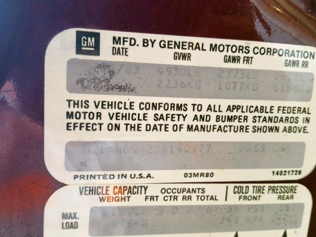 1G1AN69H2DX140977 - 1983 CHEVROLET CAPRICE CL MAROON photo 10