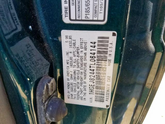 1HGEJ8244TL064144 - 1996 HONDA CIVIC EX GREEN photo 10