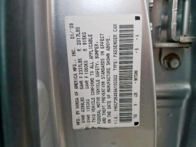 1HGCP26469A100322 - 2009 HONDA ACCORD LXP SILVER photo 10