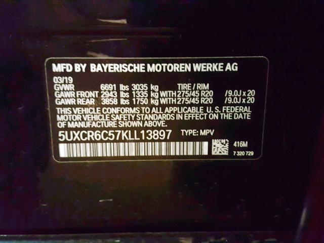 5UXCR6C57KLL13897 - 2019 BMW X5 XDRIVE4 BLACK photo 10