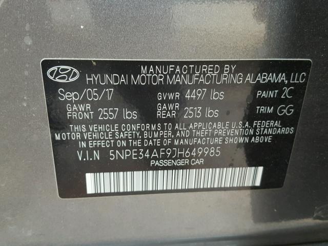 5NPE34AF9JH649985 - 2018 HYUNDAI SONATA SPO CHARCOAL photo 10