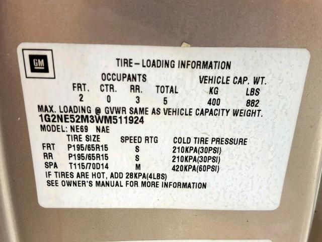 1G2NE52M3WM511924 - 1998 PONTIAC GRAND AM S TAN photo 10