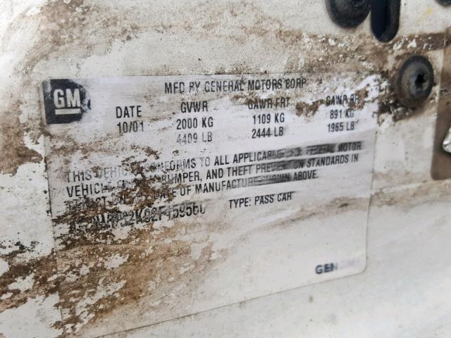 1G2WP52K02F159560 - 2002 PONTIAC GRAND PRIX WHITE photo 10