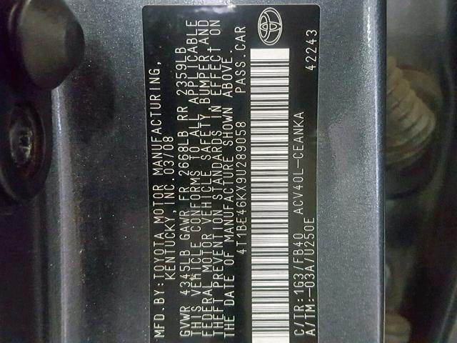 4T1BE46KX9U289058 - 2009 TOYOTA CAMRY BASE CHARCOAL photo 10