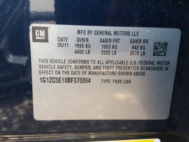 1G1ZC5E10BF370094 - 2011 CHEVROLET MALIBU 1LT 蓝色 照片 10