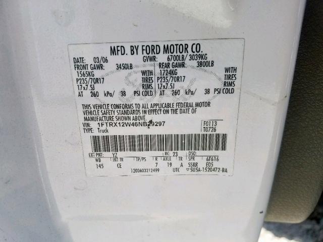 1FTRX12W46NB29297 - 2006 FORD F150 WHITE photo 10