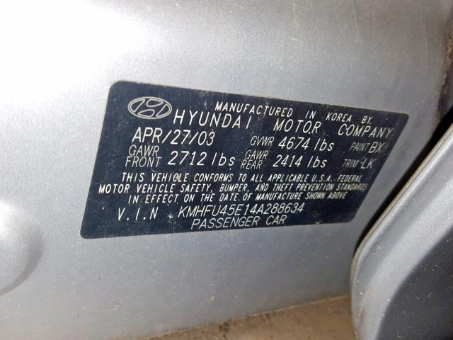 KMHFU45E14A288634 - 2004 HYUNDAI XG 350 SILVER photo 10