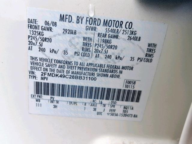 2FMDK49C28BB31100 - 2008 FORD EDGE LIMIT WHITE photo 10