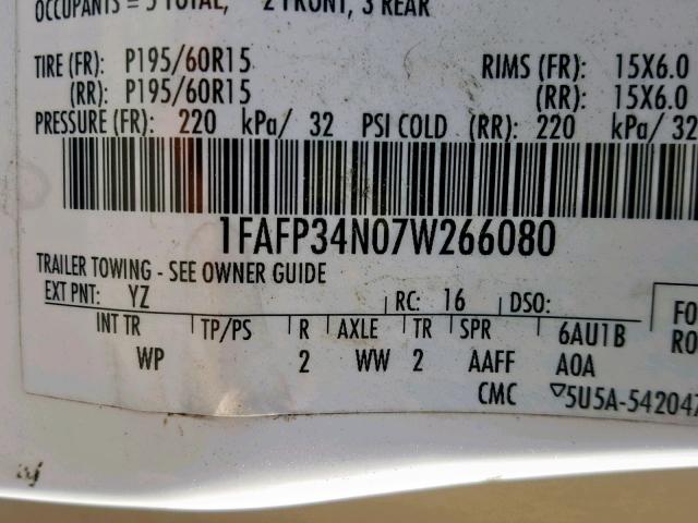 1FAFP34N07W266080 - 2007 FORD FOCUS ZX4 WHITE photo 10