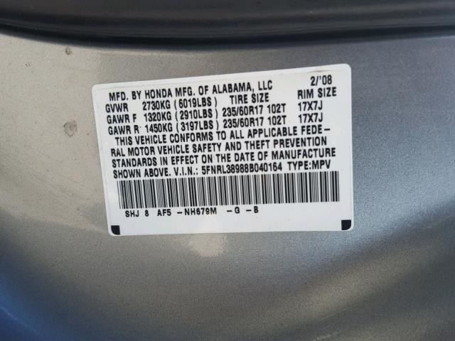 5FNRL38988B040164 - 2008 HONDA ODYSSEY TO SILVER photo 10