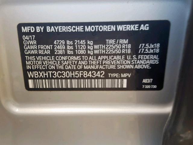 WBXHT3C30H5F84342 - 2017 BMW X1 XDRIVE2 SILVER photo 10