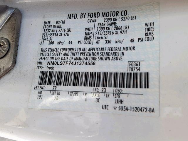 NM0LS7F74J1374558 - 2018 FORD TRANSIT CO WHITE photo 10