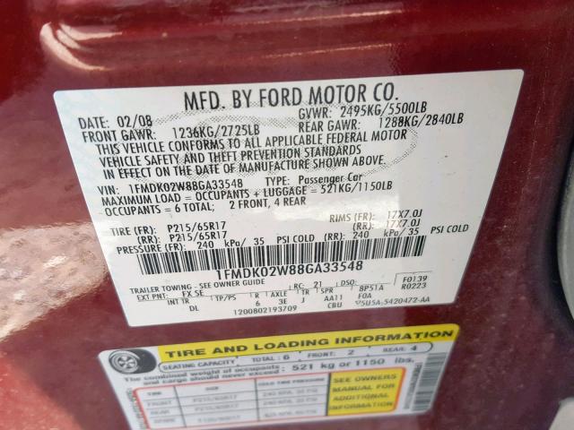 1FMDK02W88GA33548 - 2008 FORD TAURUS X S RED photo 10