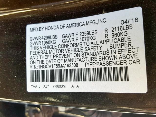 1HGCV1F59JA163508 - 2018 HONDA ACCORD EXL BROWN photo 10