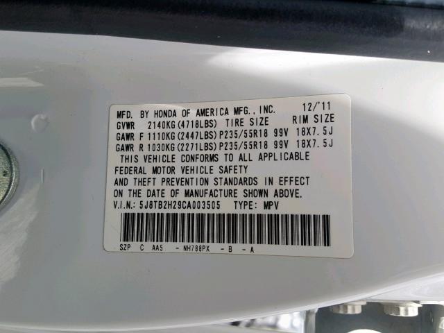 5J8TB2H29CA003505 - 2012 ACURA RDX WHITE photo 10