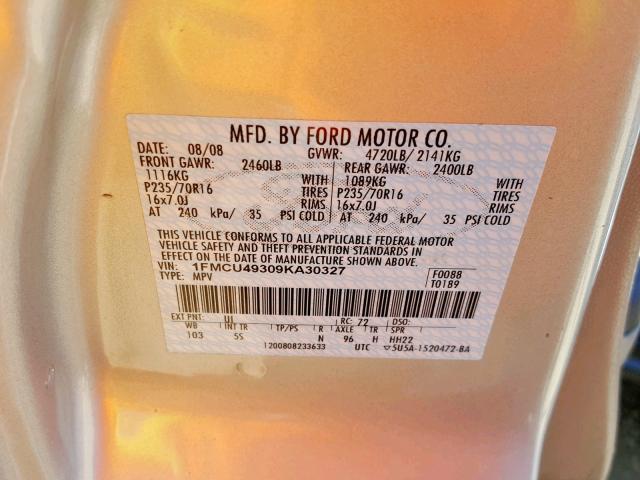 1FMCU49309KA30327 - 2009 FORD ESCAPE HYB SILVER photo 10