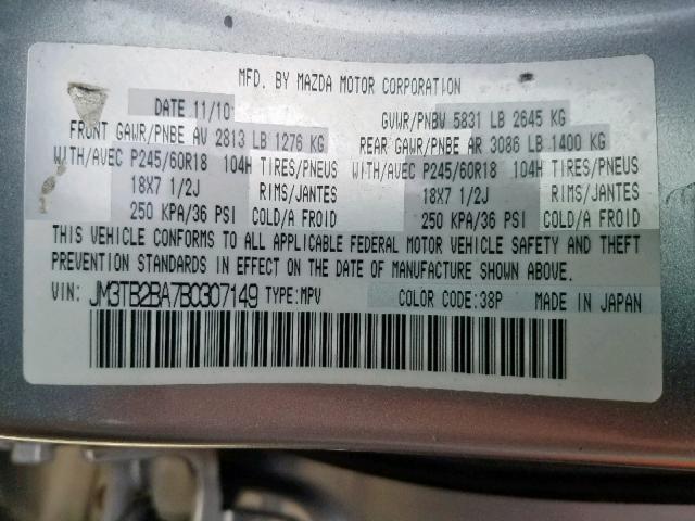 JM3TB2BA7B0307149 - 2011 MAZDA CX-9 SILVER photo 10