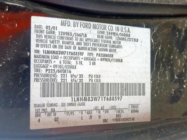 1LNHM83W71Y688597 - 2001 LINCOLN TOWN CAR C BLACK photo 10