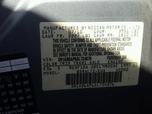 3N1AB6AP6AL724876 - 2010 NISSAN SENTRA 2.0 GRAY photo 10