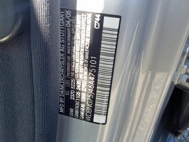 WDBNG75J46A475101 - 2006 MERCEDES-BENZ S 500 SILVER photo 10