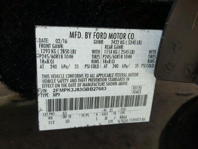 2FMPK3J83GBB27683 - 2016 FORD EDGE SEL BLACK photo 10