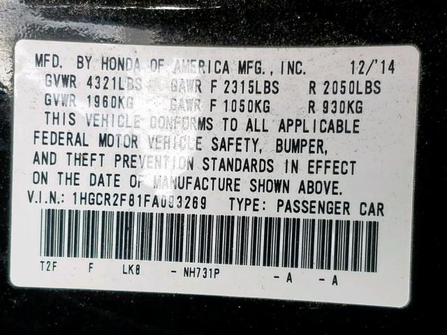 1HGCR2F81FA093269 - 2015 HONDA ACCORD EXL BLACK photo 10