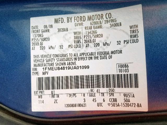 1FMEU84819UA01099 - 2009 FORD EXPLORER E BLUE photo 10