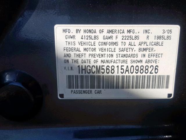 1HGCM56815A098826 - 2005 HONDA ACCORD EX CHARCOAL photo 10