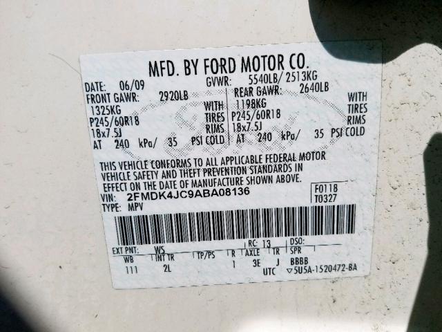 2FMDK4JC9ABA08136 - 2010 FORD EDGE SEL WHITE photo 10