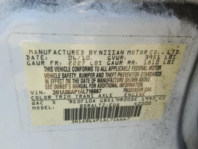 3N1AB6AP1AL716667 - 2010 NISSAN SENTRA 2.0 WHITE photo 10