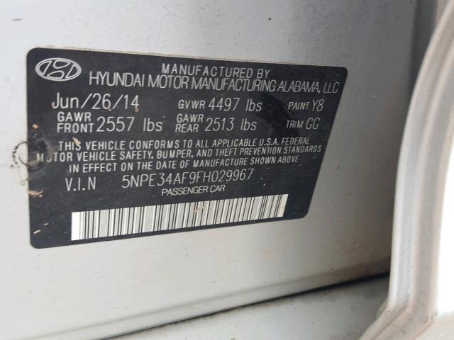 5NPE34AF9FH029967 - 2015 HYUNDAI SONATA SPO GRAY photo 10