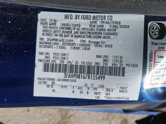 3FAHP08167R155499 - 2007 FORD FUSION SEL BLUE photo 10