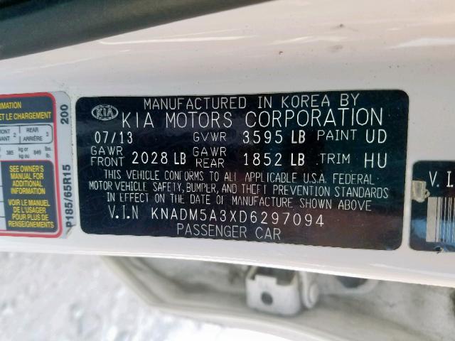 KNADM5A3XD6297094 - 2013 KIA RIO LX WHITE photo 10