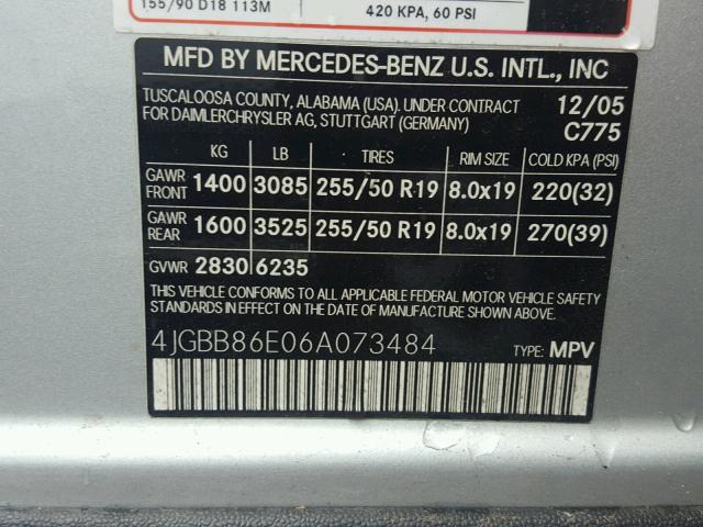 4JGBB86E06A073484 - 2006 MERCEDES-BENZ ML 350 SILVER photo 10