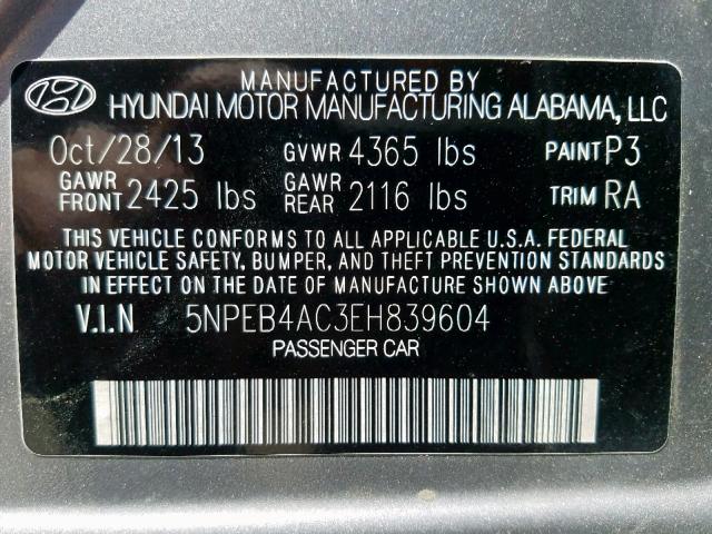 5NPEB4AC3EH839604 - 2014 HYUNDAI SONATA GLS CHARCOAL photo 10