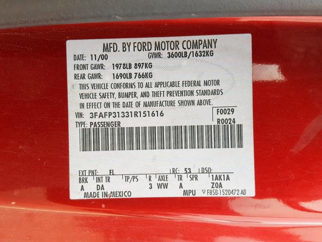 3FAFP31331R151616 - 2001 FORD FOCUS ZX3 RED photo 10