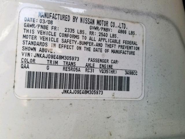 JNKAJ09E48M305973 - 2008 INFINITI EX35 BASE WHITE photo 10