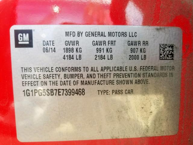 1G1PG5SB7E7399468 - 2014 CHEVROLET CRUZE LTZ RED photo 10