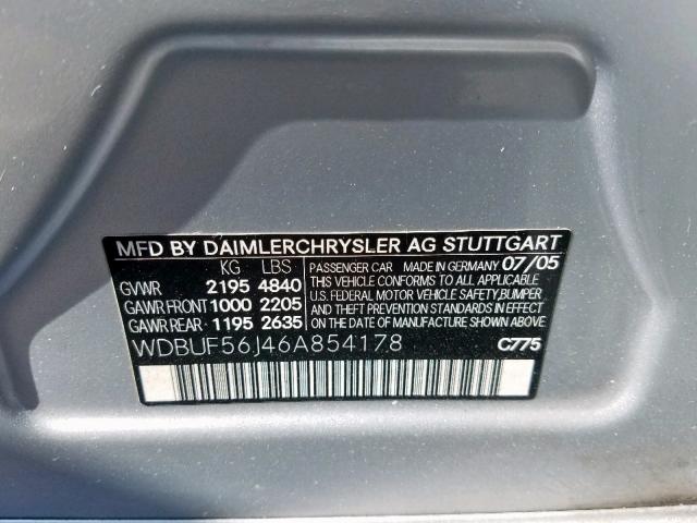 WDBUF56J46A854178 - 2006 MERCEDES-BENZ E 350 SILVER photo 10