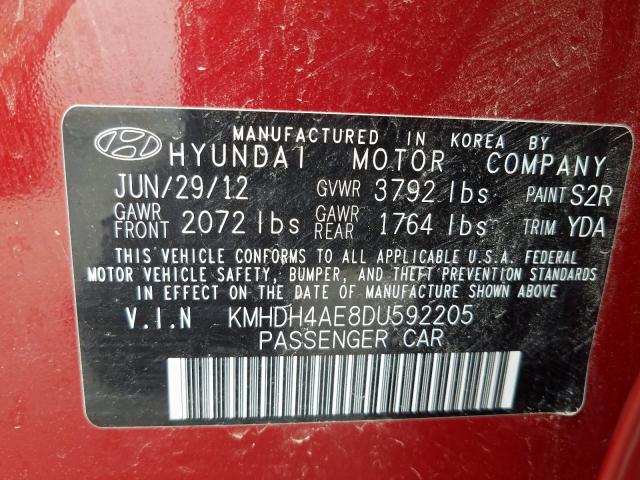 KMHDH4AE8DU592205 - 2013 HYUNDAI ELANTRA GL RED photo 10