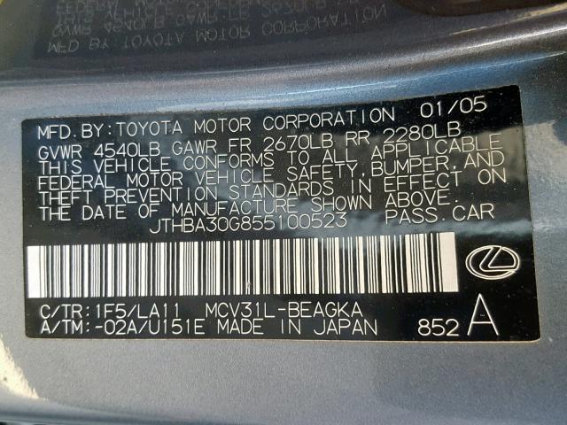 JTHBA30G855100523 - 2005 LEXUS ES 330 GRAY photo 10