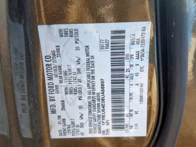 1FMEU64E08UA68897 - 2008 FORD EXPLORER E BROWN photo 10