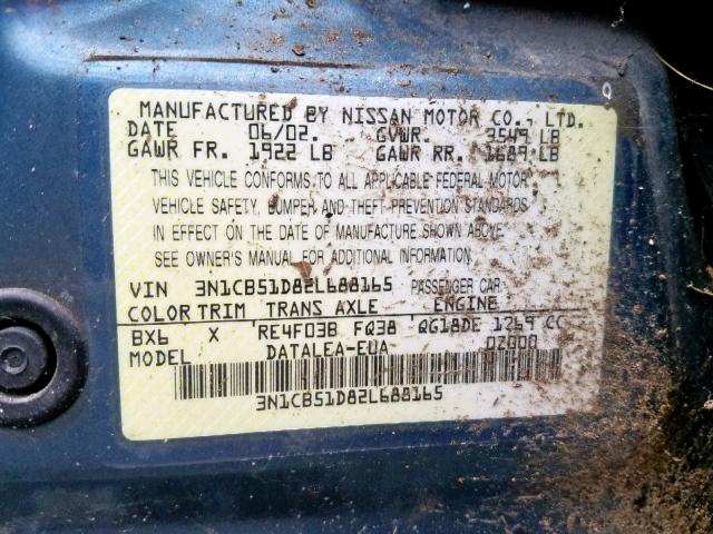 3N1CB51D82L688165 - 2002 NISSAN SENTRA XE BLUE photo 10