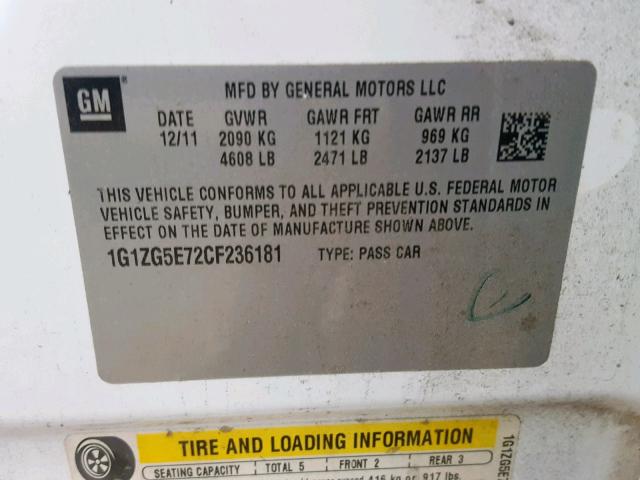 1G1ZG5E72CF236181 - 2012 CHEVROLET MALIBU LTZ თეთრი ფოტო 10