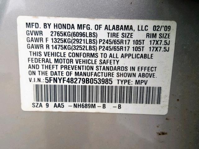 5FNYF48279B053985 - 2009 HONDA PILOT LX SILVER photo 10