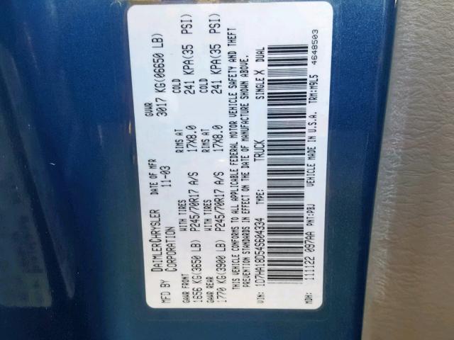 1D7HA18D54S604334 - 2004 DODGE RAM 1500 S BLUE photo 10