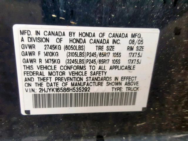 2HJYK16586H535292 - 2006 HONDA RIDGELINE BLACK photo 10