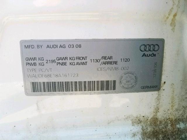 WAUDF68E18A161723 - 2008 AUDI A4 2.0T QU WHITE photo 10