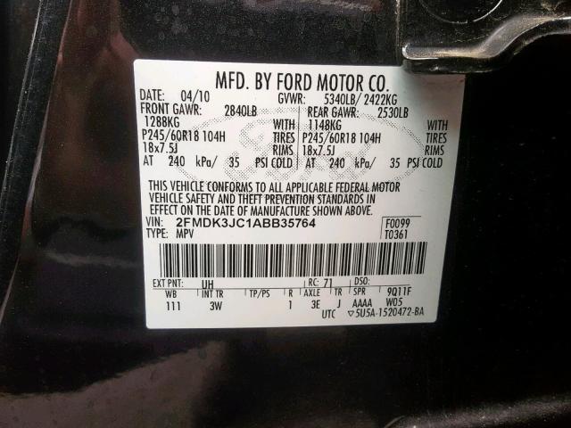 2FMDK3JC1ABB35764 - 2010 FORD EDGE SEL BLACK photo 10