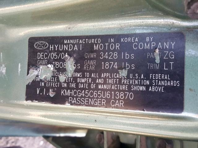 KMHCG45C65U613870 - 2005 HYUNDAI ACCENT GL GREEN photo 10